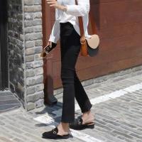 牛仔裤女春秋季高腰新款宽松显瘦韩版百搭学生直筒松紧腰阔腿长裤 黑色微喇叭[低品质] S 建议80-95斤