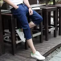 七分裤男宽松潮牌修身2021春夏季薄款牛仔短裤子韩版潮流休闲裤子 七分裤301纯蓝[新品] M 建议[95-110斤]