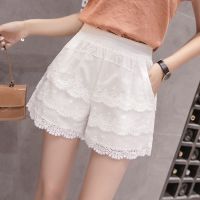 2021夏新款松紧腰韩版蕾丝花边显瘦休闲裤阔腿短裤女高腰宽松外穿 白色 S