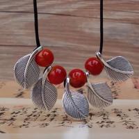 复古双层皮叶子棉麻配饰长款皮绳项链衣服装饰百搭文艺吊坠毛衣链 陶瓷叶子