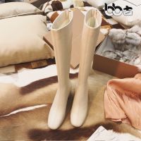 白色长靴女不过膝高跟2021新款真皮显瘦小个子骑士靴高筒靴冬 米白色 35