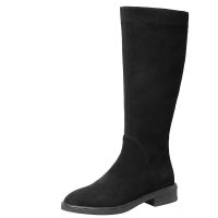 2021牛翻皮不过膝长靴女秋冬新款粗跟长筒靴马靴中跟高筒骑士靴子 黑色加绒 是标准码