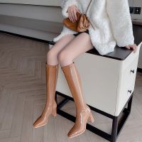 包腿显瘦弹力长靴子女不过膝粗跟侧拉链软漆皮高筒靴方头高跟潮靴 棕色 绒里 是标准码