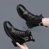 网纱马丁靴女夏季靴子2021新款春秋薄款内增高鞋镂空短靴凉靴 黑色平跟 36