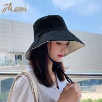 顶瓜瓜夏季韩版渔夫帽女遮脸仿紫外线日系遮阳帽子双面可戴太阳帽 (双面款)黑色和米色送防风绳 均码(54-58cm)