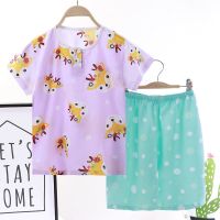 夏季宝宝绵绸睡衣男童女童棉绸套装儿童衣服中大童小孩家居服薄款 绵绸-短袖AB款小鹿 90