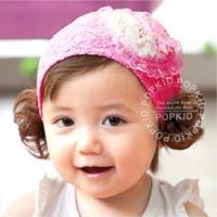 公主假发帽宝宝帽子6-12个月儿童帽子套头帽女宝宝帽婴儿毛线帽18 玫红爱心宽发带