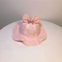 新款女宝宝帽子春秋薄款女童遮阳帽6-17个月儿童渔夫帽婴儿大帽檐 花花蝴蝶结粉色 6-18个月帽围48cm