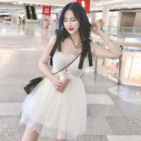 网纱拼接吊带超仙女连衣裙2021夏新款时尚洋气小个子收腰蓬蓬裙 白色普通版 XS