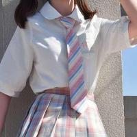 多色[jk两件套]凝茶新款jk制服韩版学生格子裙女百褶裙套装 白桃清酒短袖上衣+领带 XS
