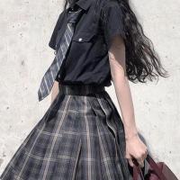 多色jk两件套暗黑系2020夏季新款韩版jk格子百褶裙女学生套装 短袖上衣+领带 XS