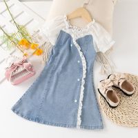 女童连衣裙夏季2021新款洋气儿童装泡泡袖女孩牛仔裙中大童公主裙 蓝色 面料舒适+透气柔软 90 身高85厘米左右
