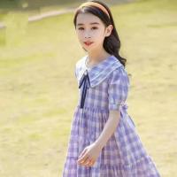 女童夏装连衣裙2021新款洋气中大童格子公主裙花边领甜美可爱收腰 紫罗兰 120