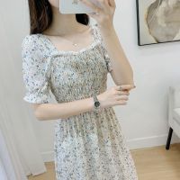 温柔风淑女碎花裙雪纺连衣裙女夏短袖显瘦气质仙女裙复古文艺长裙 油画风白色 S