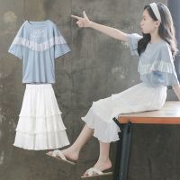 女童连衣裙夏装2021新款儿童装洋气套装裙夏季12岁女孩中大童裙子 浅蓝色+白色裙子套装 120