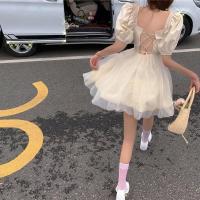 夏季性感雪纺网纱泡泡袖露背绑带蓬蓬裙女2022新款洋气公主连衣裙 杏色 S 70到95体重