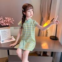 女童旗袍开衩连衣裙夏装2020新款中国风女孩格子裙子夏季儿童唐装 黄绿色 110 码