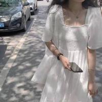 2021夏季新款连衣裙少女方领初恋裙子法式雪纺仙女裙 白色 S 建议体重80-95