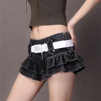 新款彩色牛仔荷叶边翘臀低腰裙裤女 迷你蓬蓬短裤裙 木耳边蛋糕裙 黑色 颜色偏黑 S 小码送腰带