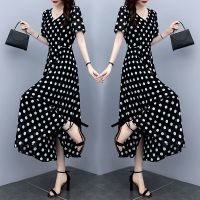 高档波点雪纺连衣裙女夏长款2021夏装新款大码收腰显瘦遮肚子长裙 黑色波点[连衣裙] M 80-100斤