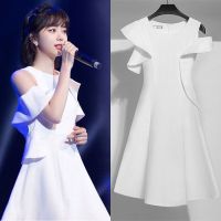 2020夏装新款明星同款名媛气质连衣裙荷叶边韩版时尚晚礼服A字裙 3517#白色 S