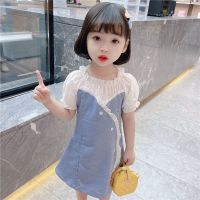女童假两件连衣裙2021新款女宝宝夏装牛仔裙子韩版短袖碎花公主裙 蕾丝拼接牛仔裙 [柔软舒适+透气良好] 120尺码[建
