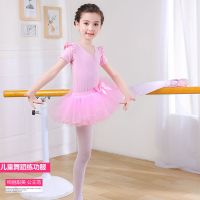 儿童舞蹈服女童练功服棉春夏季中国舞服幼儿考级长短袖芭蕾舞纱裙 粉红色短袖+纱裙[无赠品] 100 85-95cm
