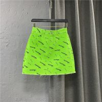 欧货时尚女装21新夏装高腰A字裙个性荧光绿色字母半身裙牛仔短裙 荧光绿[商城优质版] S