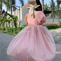 夏季2022新款小清新很仙的网纱蓬蓬裙收腰显瘦短袖连衣裙女装裙子 桃粉 S