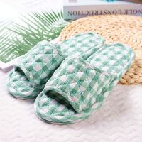 日式布艺布底布拖鞋木地板静音室内软底冬女可机洗棉家居家夏四季 女淡绿格 女小号35-37脚