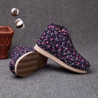 冬季手工棉鞋老人花棉鞋女加厚绒妈妈保暖棉鞋包跟室内防滑棉拖鞋 紫小花 36(34的脚穿)