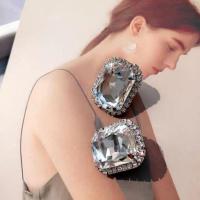 气质几何夸张方形镶钻菱形大水钻超闪宝石耳钉奢华气质简约耳环
