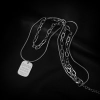 复古钛钢不褪色街头圆方牌组合字母短项链女港风朋克多坠潮链 钛钢双层银色
