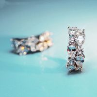 简约气质水晶耳环 时尚彩色锆石耳扣防过敏女超闪短款玫瑰金耳饰 银白色