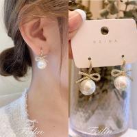 新款巴洛克高级感耳环2021香槟金色珍珠吊坠耳饰轻奢时尚气质耳坠 蝴蝶结 白珠 耳钩款