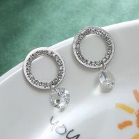 [24小时发货]奢华闪耀水晶锆石耳钉女长款气质百搭晚会耳环简约个性防过敏耳饰 圆圈微镶锆石