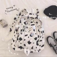 [48小时发货]书包女大学生高中学生初中大容量原创小众ins百搭奶牛条纹双肩包 奶牛双肩+亚克力五件套 防盗加厚