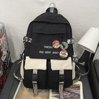 黑色书包男韩版高中大学生潮流双肩包女大容量初中生男生背包ins 黑白拼色(送3个圆徽章)