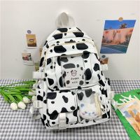 书包女ins高颜值初中女生双肩包2021新款学生百搭大容量印花背包 黑色(普通款-无加固) 单包+卡片1张+别针熊头