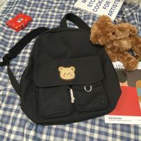 ins韩国古着感学生帆布双肩包 原宿chic复古少女书包可爱软妹背包 古着感腮红小熊双背黑(无挂件)