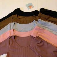 秋季韩版2021新款修身显瘦低圆领弹力长袖保暖内衣打底秋衣女套装 随机颜 色(裤子) 均码 70-140斤