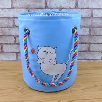 小猫圆桶洗澡篮手提浴筐防水洗澡包新折叠洗漱包浴兜包健身洗浴包 小猫圆桶浴筐-蓝色