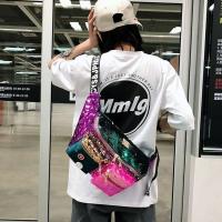 斜挎胸包女2020最新版渐变色宽肩带质感亮片包拼色时尚单肩大腰包 紫色