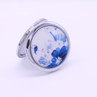 可爱金属化妆镜随身便携美容小镜子折叠创意迷你山水画双面圆镜 青花荷花