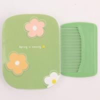 创意随身带梳子小镜子套装户外便携镜梳套装折叠化妆镜迷你镜子 小花绿小花圆角套装