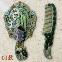 俄罗斯椭圆形孔雀彩绘手柄小镜子古锡铜金属色随身便携套装化妆镜 01款 青铜凤凰