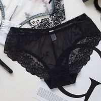 [3条装]性感蕾丝内裤女薄透气刺绣印花冰丝网纱镂空无痕三角裤 1条黑色 [M码80-105斤]