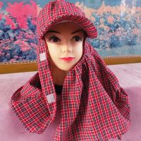 帽子女棉布冰丝太阳帽遮脸护颈防紫外线防晒骑车干活采茶遮阳捂脸 粘扣 棉布料 红格