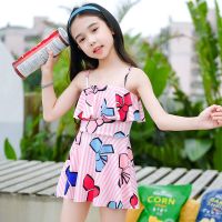 中大童泳衣女童女孩分体两件套裙式连体夏季泡温泉小学生儿童泳装 966粉色 M码 建议30-40斤