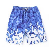 泳裤男平角裤五分沙滩裤防尴尬男士泳衣宽松大码男式泡温泉游泳裤 蓝色羽毛 3XL(建议155-175斤)